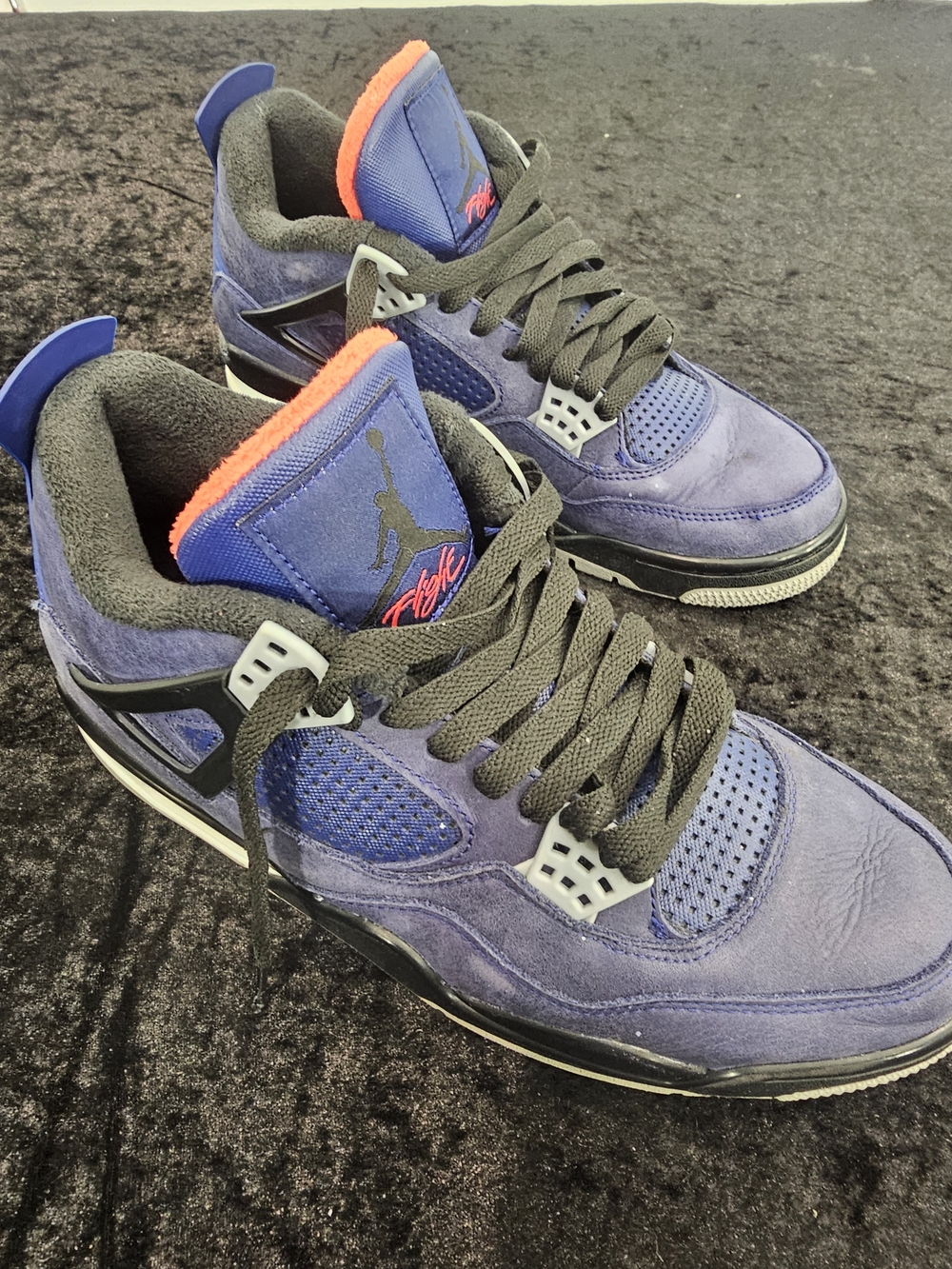 Jordan Men's Purple Suede Basketball Sneakers with Black Laces and Orange Trim